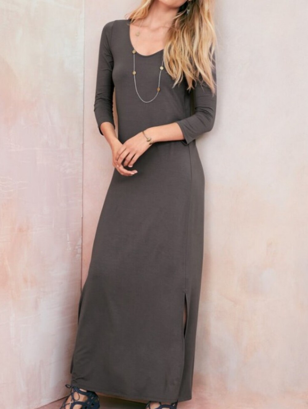 Garnet Hill Essential Tencel Knit Maxi Dress M Gray 3/4 Sleeve Side Slit Long